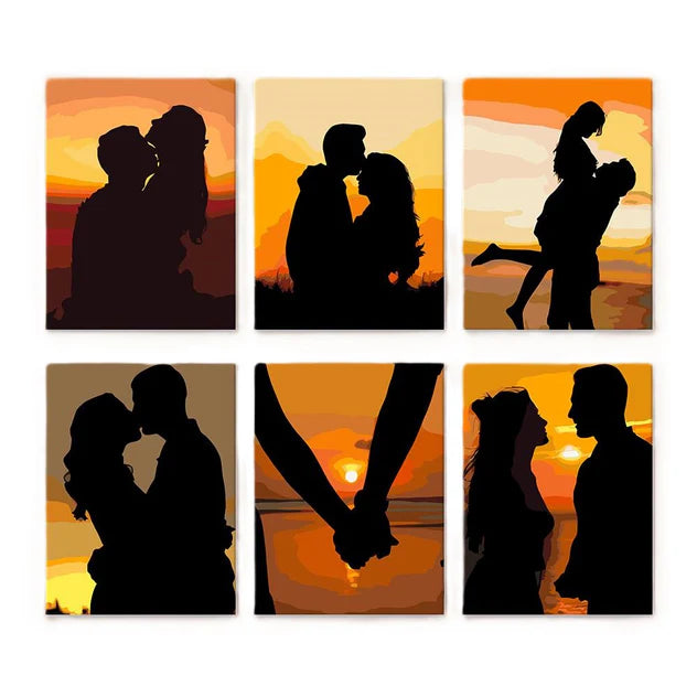 Coffret 6 peintures par numéro Sunset Couple – sur le thème de l'amour et de la tendresse – Maison Artsen