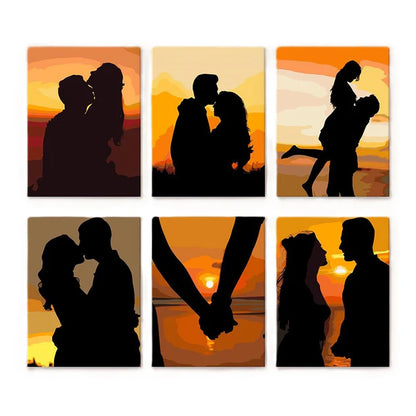 Coffret 6 peintures par numéro Sunset Couple – sur le thème de l'amour et de la tendresse – Maison Artsen