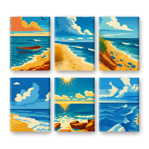 Coffret 6 peintures par numéro Ile déserte – sur le thème des îles paradisiaques – Maison Artsen