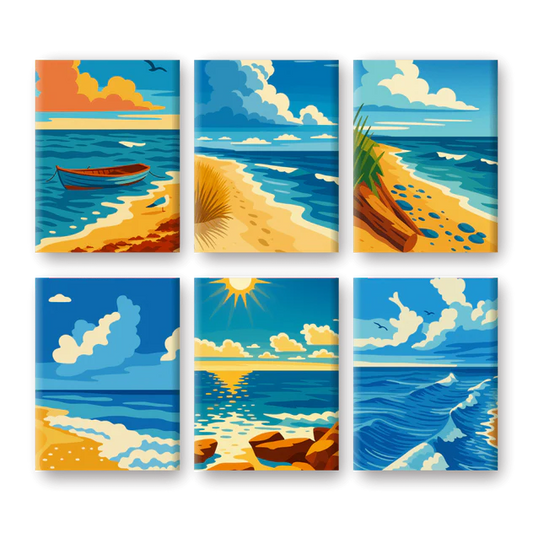 Coffret 6 peintures par numéro Ile déserte – sur le thème des îles paradisiaques – Maison Artsen