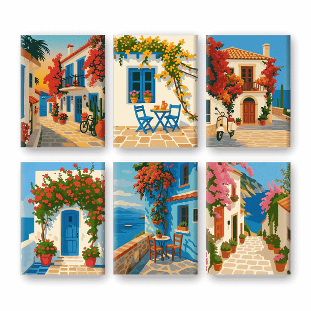 Coffret 6 peintures par numéro Village en mer – sur le thème des villages côtiers – Maison Artsen