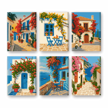 Coffret 6 peintures par numéro Village en mer – sur le thème des villages côtiers – Maison Artsen