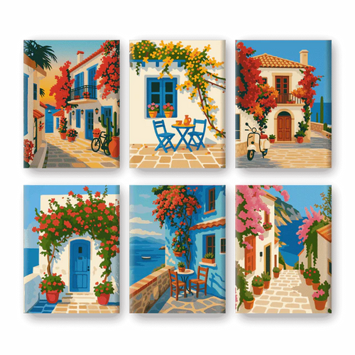 Coffret 6 peintures par numéro Village en mer – sur le thème des villages côtiers – Maison Artsen