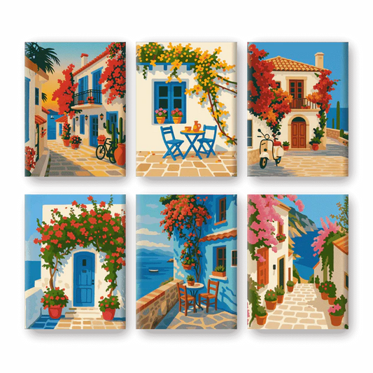 Coffret 6 peintures par numéro Village en mer – sur le thème des villages côtiers – Maison Artsen