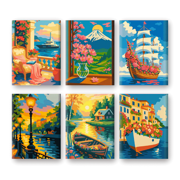 Coffret 6 peintures par numéro Bateaux fleuris – sur le thème des bateaux fleuris – Maison Artsen