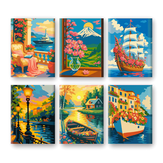 Coffret 6 peintures par numéro Bateaux fleuris – sur le thème des bateaux fleuris – Maison Artsen