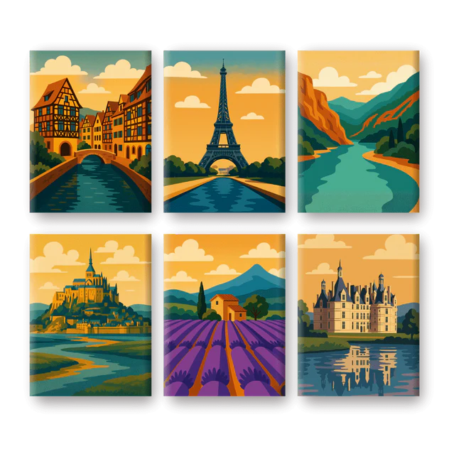 Coffret 6 peintures par numéro Paysages Français – entre paysages et scènes urbaines – Maison Artsen