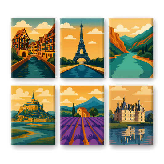 Coffret 6 peintures par numéro Paysages Français – entre paysages et scènes urbaines – Maison Artsen