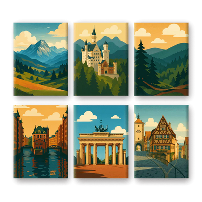 Coffret 6 peintures par numéro Paysages d'Allemagne – entre paysages et scènes urbaines – Maison Artsen