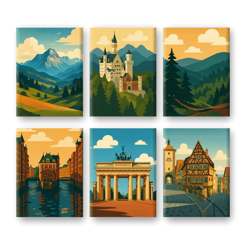 Coffret 6 peintures par numéro Paysages d'Allemagne – entre paysages et scènes urbaines – Maison Artsen