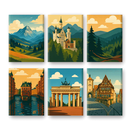 Coffret 6 peintures par numéro Paysages d'Allemagne – entre paysages et scènes urbaines – Maison Artsen