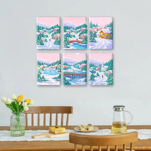 Coffret 6 peintures par numéro Village sous la neige – pour un Noël magique – Maison Artsen