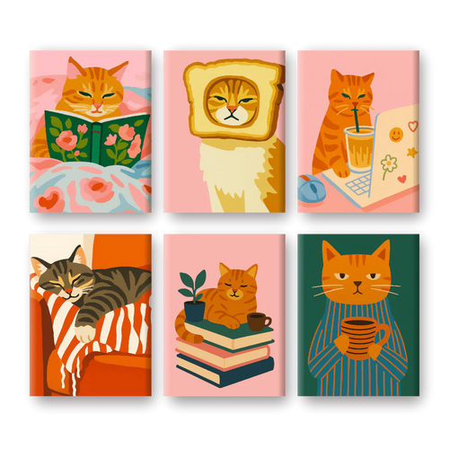 Coffret 6 peintures par numéro Chat Cocooning – sur le thème des animaux – Maison Artsen