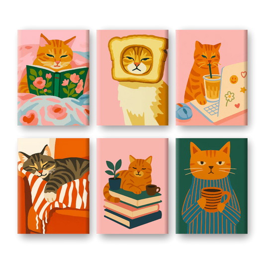 Coffret 6 peintures par numéro Chat Cocooning – sur le thème des animaux – Maison Artsen