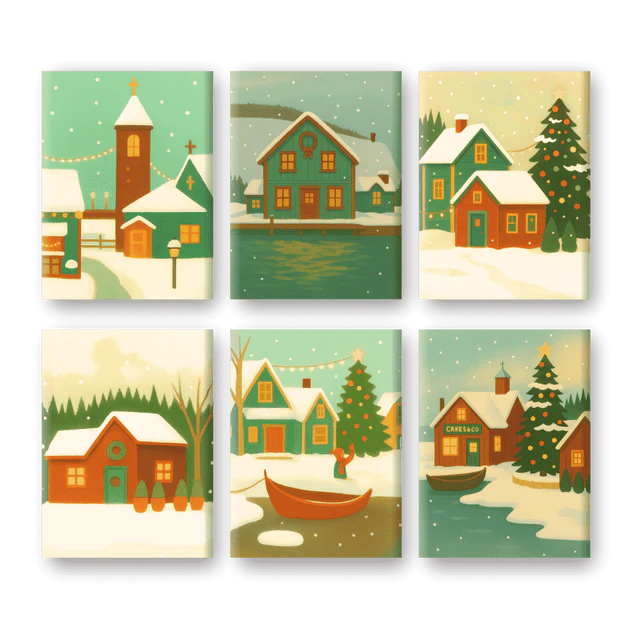 Coffret 6 peintures par numéro Village enneigé – inspiré de scènes urbaines – Maison Artsen
