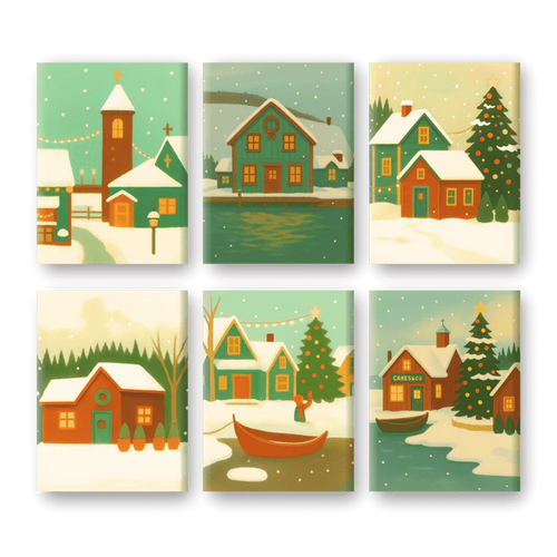 Coffret 6 peintures par numéro Village enneigé – inspiré de scènes urbaines – Maison Artsen