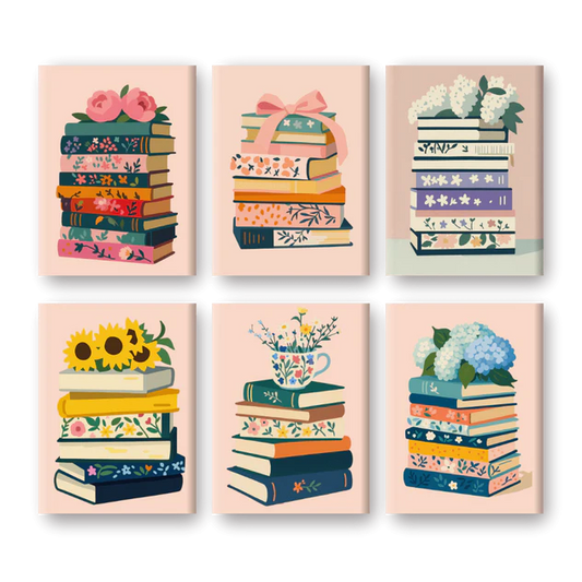Coffret 6 peintures par numéro Livres & Fleurs – sur le thème des livres et des fleurs – Maison Artsen