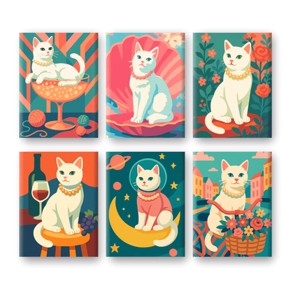 Coffret 6 peintures par numéro Madame Chat – sur le thème des chats élégants – Maison Artsen