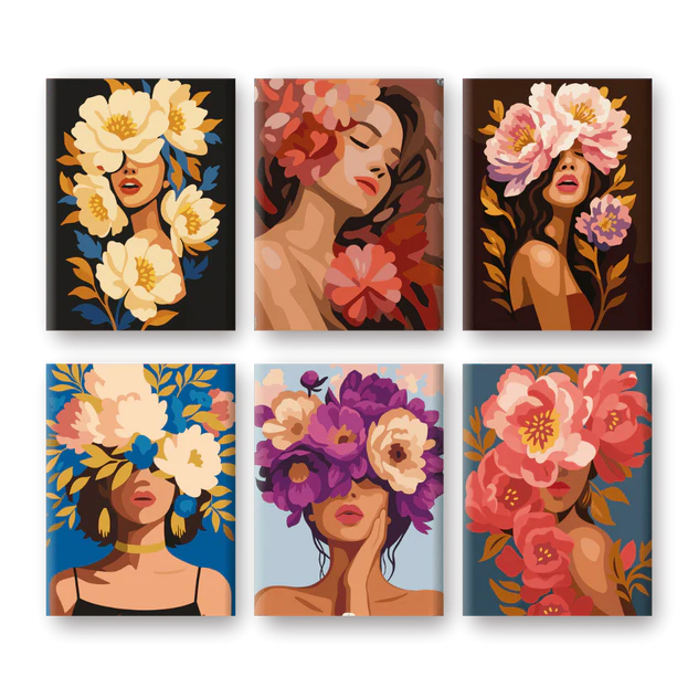 Coffret 6 peintures par numéro Femmes Fleuries – sur le thème des femmes et des fleurs – Maison Artsen
