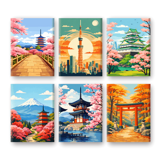 Coffret 6 peintures par numéro Japon – entre paysages et scènes urbaines – Maison Artsen