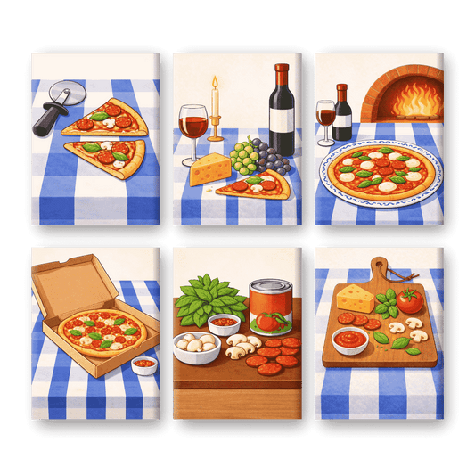 Coffret 6 peintures par numéro Soirée Pizza – sur le thème de la pizza et des soirées conviviales – Maison Artsen