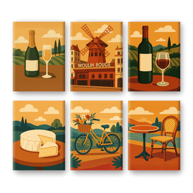 Coffret 6 peintures par numéro Simplement la France – entre paysages et scènes urbaines – Maison Artsen