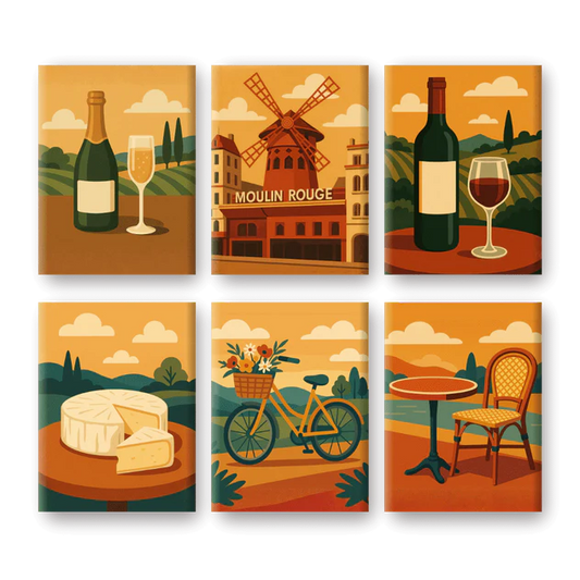 Coffret 6 peintures par numéro Simplement la France – entre paysages et scènes urbaines – Maison Artsen