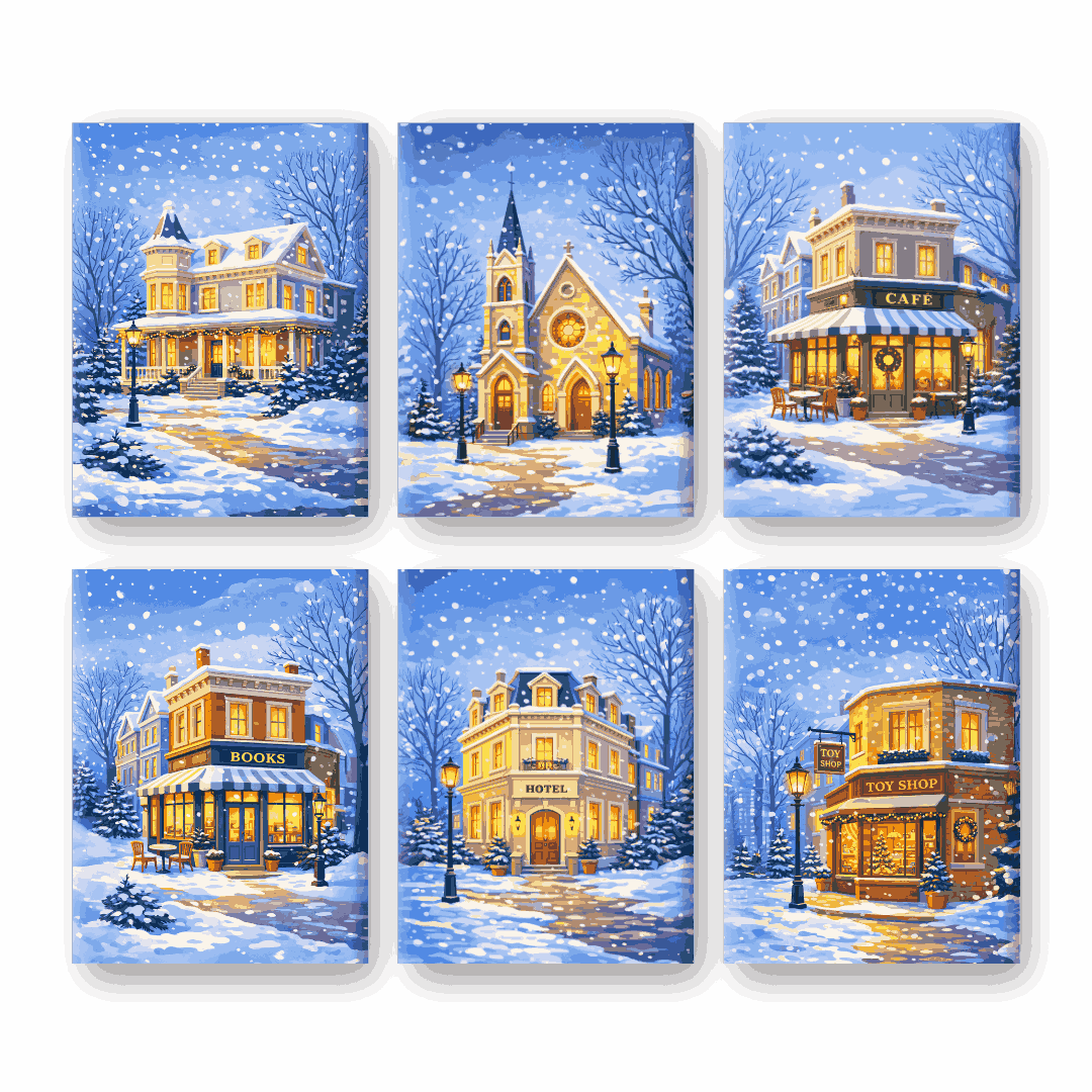 Coffret 6 peintures par numéro Rue sous la neige – sur le thème des rues enneigées – Maison Artsen