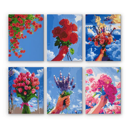Coffret 6 peintures par numéro Fleurs au ciel – sur le thème des fleurs – Maison Artsen