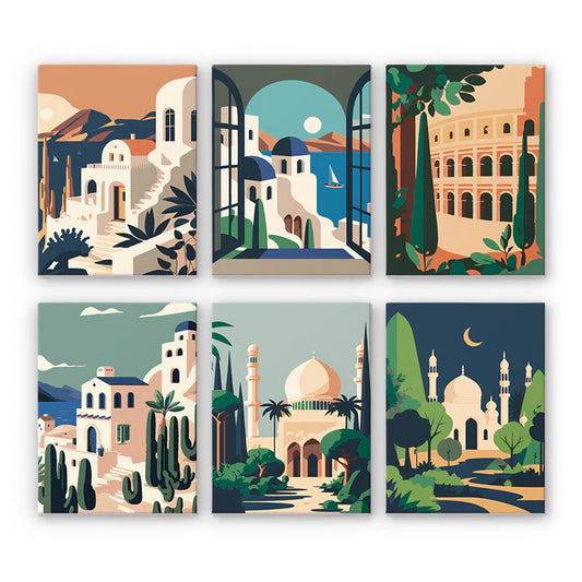 Coffret 6 peintures par numéro Ville Chaude – inspiré des villes du Sud – Maison Artsen