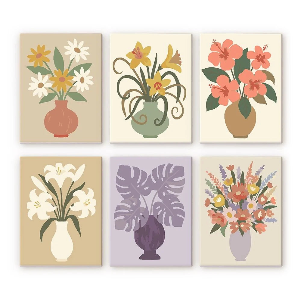 "Vase and Flowers" Paint-by-Numbers Set, 6 Canvases