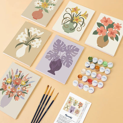 "Vase and Flowers" Paint-by-Numbers Set, 6 Canvases