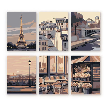 Coffret 6 peintures par numéro Balade à Paris – pour une balade romantique dans les rues de Paris – Maison Artsen