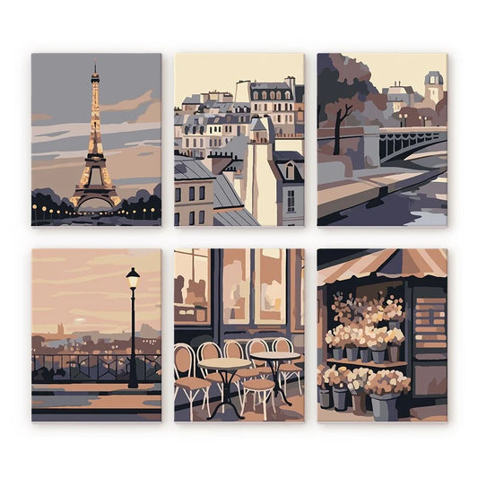 Coffret 6 peintures par numéro Balade à Paris – pour une balade romantique dans les rues de Paris – Maison Artsen