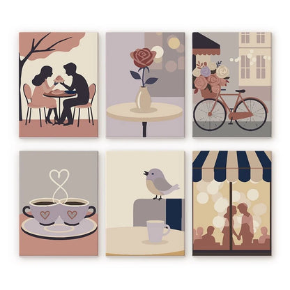 Coffret 6 peintures par numéro Douce Romance – inspiré de scènes urbaines – Maison Artsen