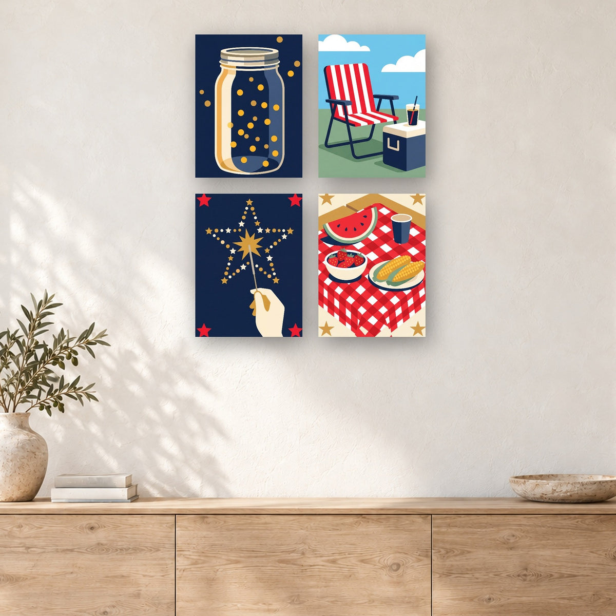 Coffret de 4 peintures par numéro Nuits de Lucioles, mini-toiles présentées au mur, Maison Artsen