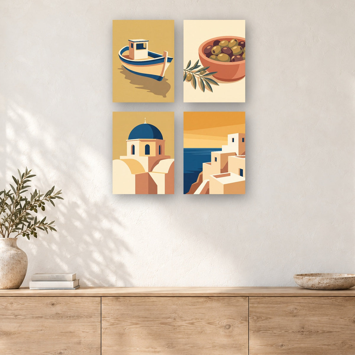 Coffret de 4 peintures par numéro Cartes Postales Grecques, mini-toiles présentées au mur, Maison Artsen