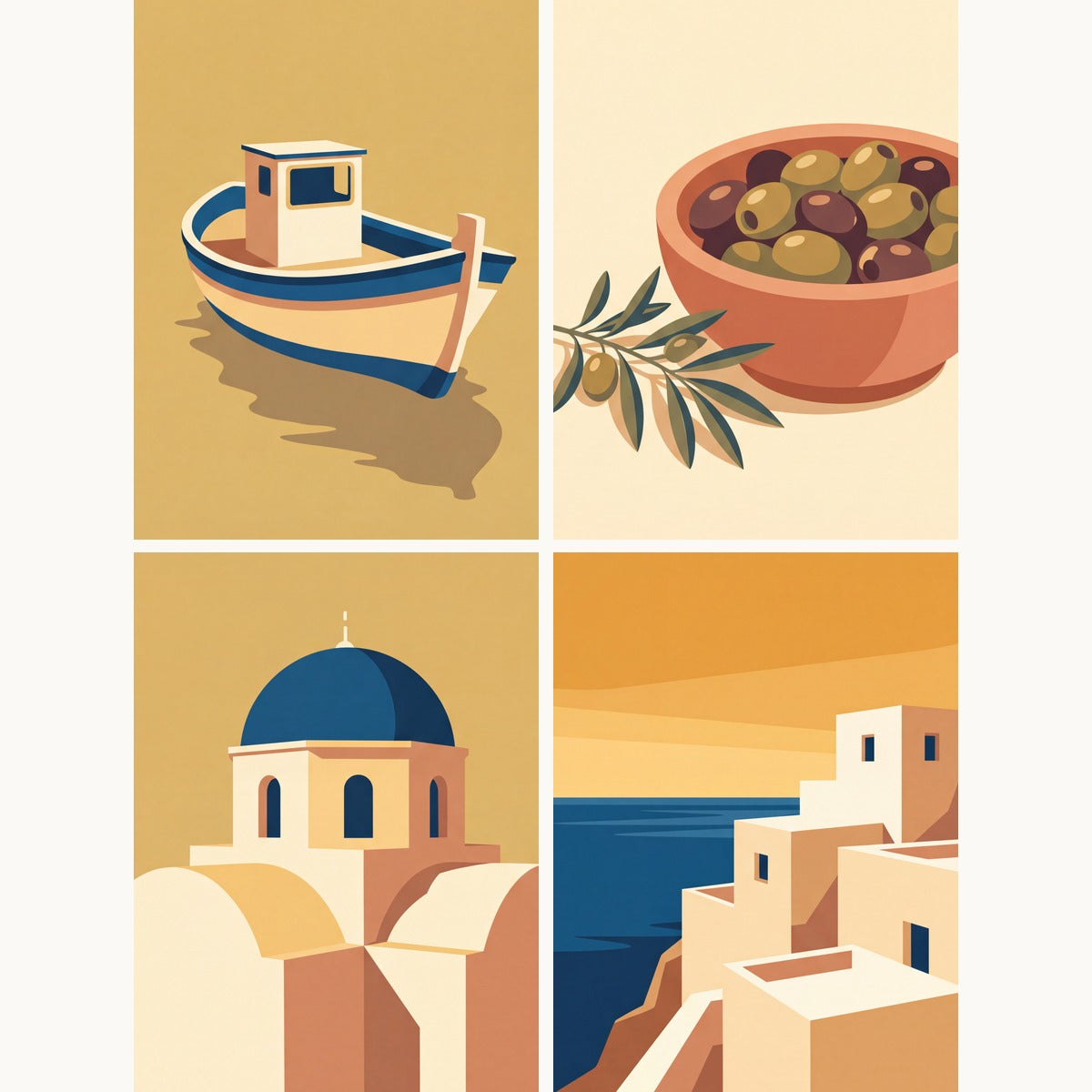 Coffret de 4 peintures par numéro Cartes Postales Grecques, les mini-toiles à plat, Maison Artsen