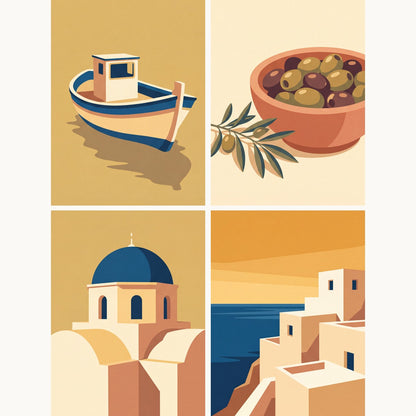 Coffret de 4 peintures par numéro Cartes Postales Grecques, les mini-toiles à plat, Maison Artsen