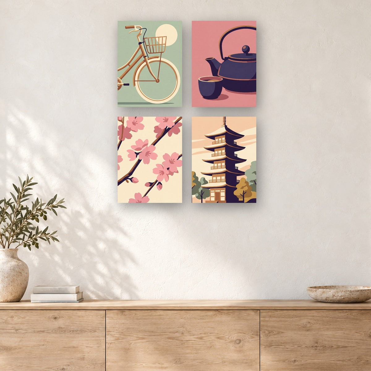 Coffret de 4 peintures par numéro Esprit du Japon, mini-toiles présentées au mur, Maison Artsen