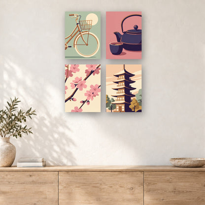 Coffret de 4 peintures par numéro Esprit du Japon, mini-toiles présentées au mur, Maison Artsen
