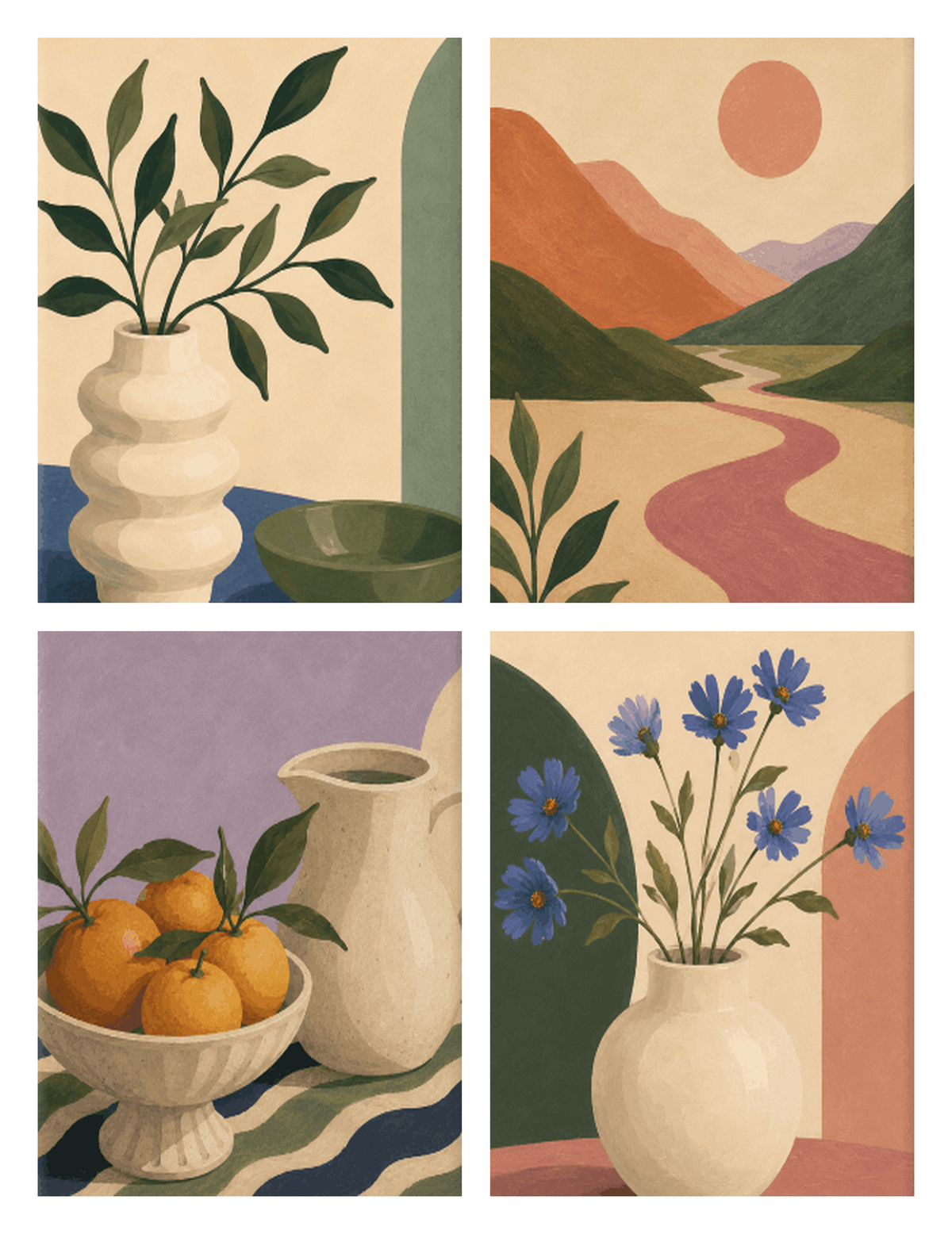 Coffret de 4 peintures par numéro Vases et Collines Douces, les mini-toiles à plat, Maison Artsen
