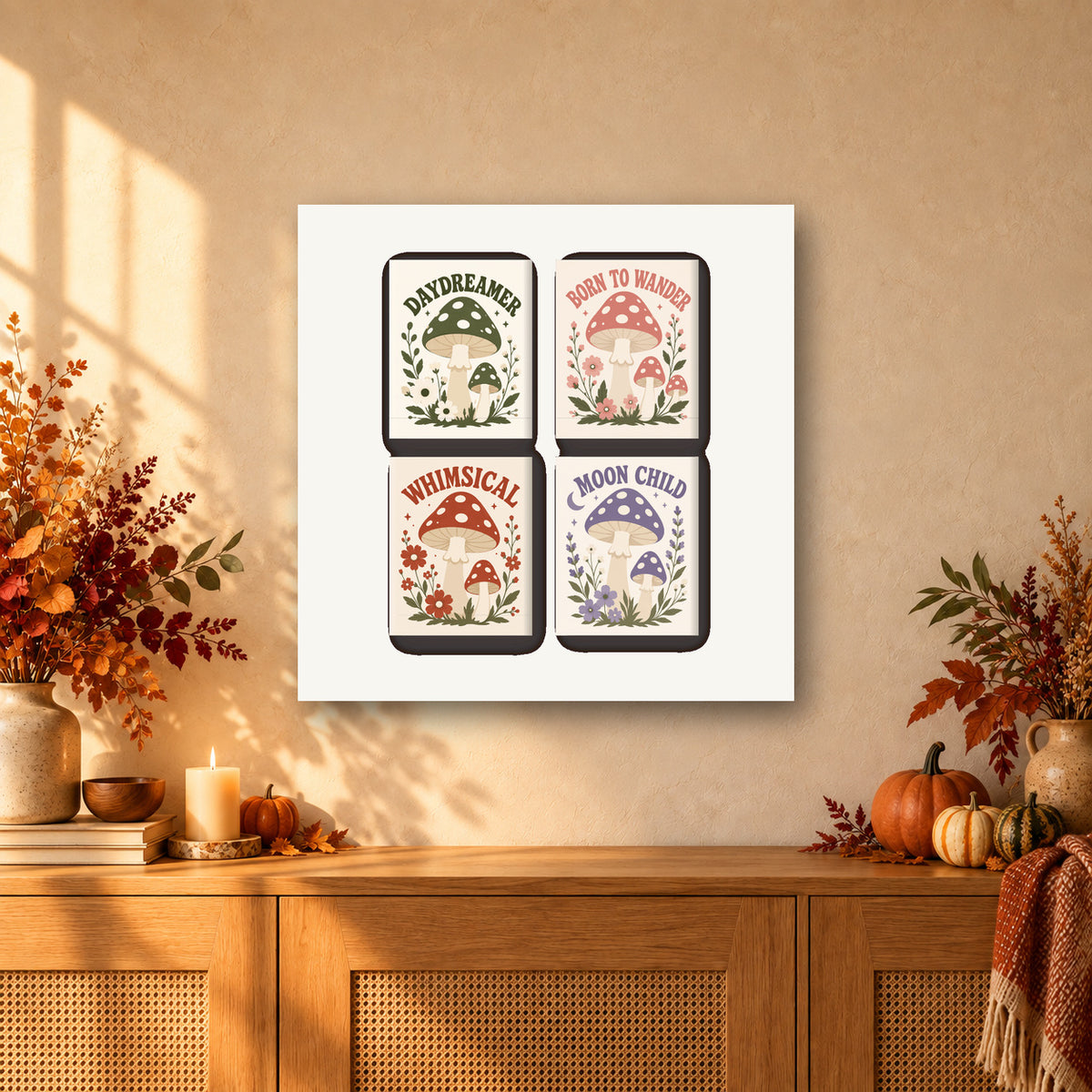 Coffret de 4 peintures par numéro Rêveries des Bois, mini-toiles présentées au mur, Maison Artsen