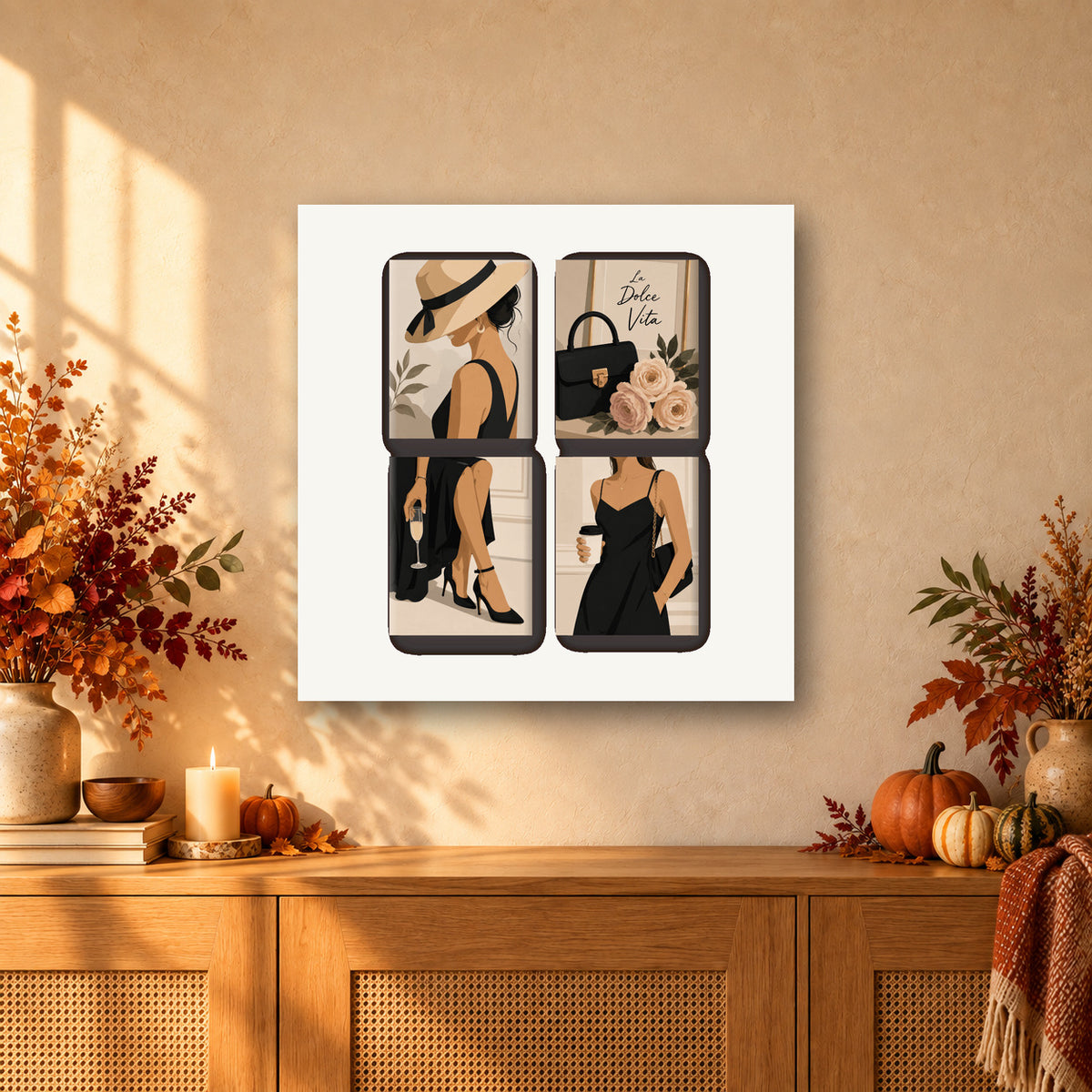 Coffret de 4 peintures par numéro Élégance en Noir, mini-toiles présentées au mur, Maison Artsen