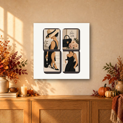 Coffret de 4 peintures par numéro Élégance en Noir, mini-toiles présentées au mur, Maison Artsen