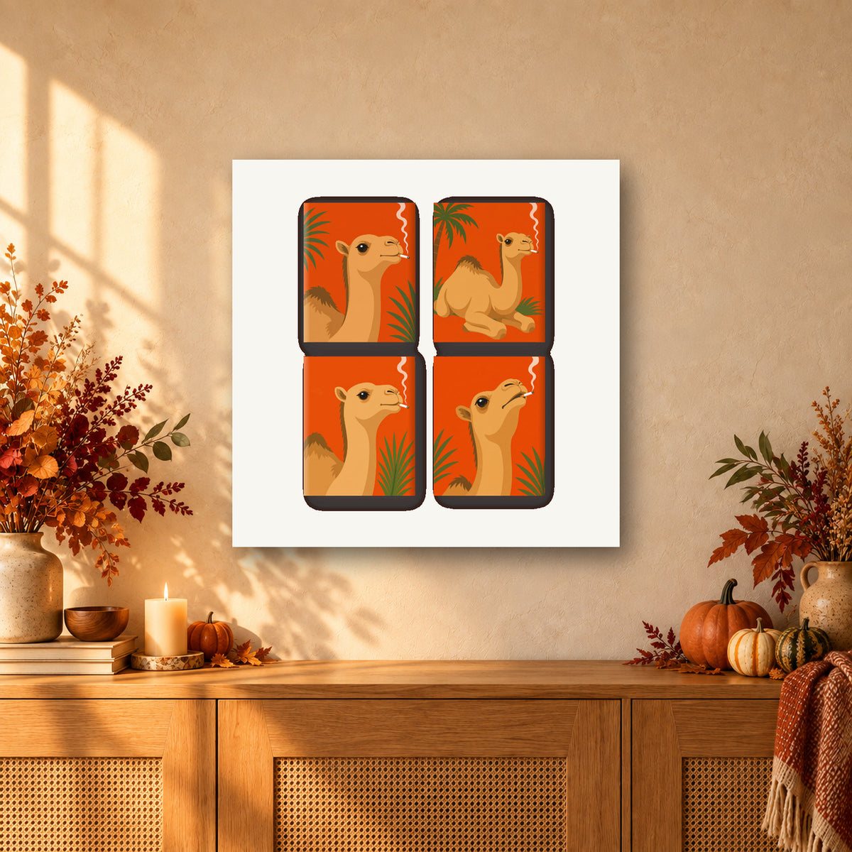 Coffret de 4 peintures par numéro Chameaux du Désert, mini-toiles présentées au mur, Maison Artsen