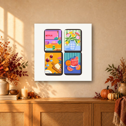 Coffret de 4 peintures par numéro Moments Douillets, mini-toiles présentées au mur, Maison Artsen