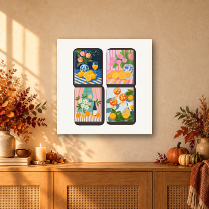Coffret de 4 peintures par numéro Fleurs et Apéritifs, mini-toiles présentées au mur, Maison Artsen