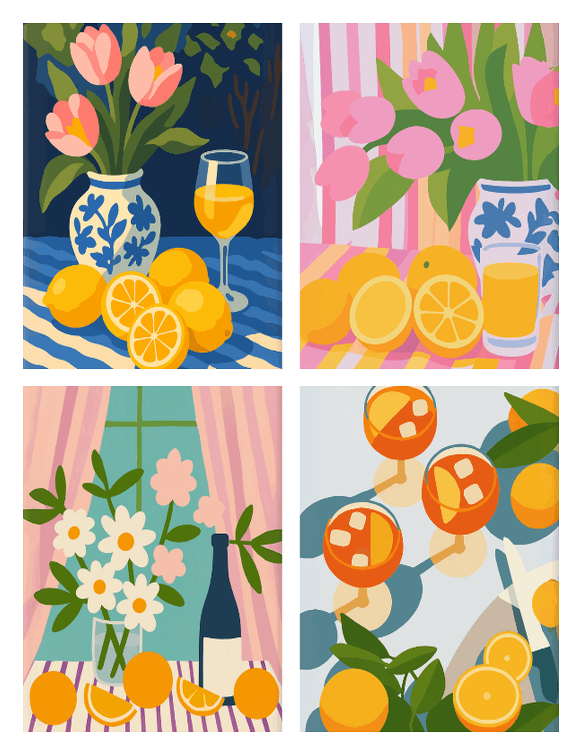 Coffret de 4 peintures par numéro Fleurs et Apéritifs, les mini-toiles à plat, Maison Artsen