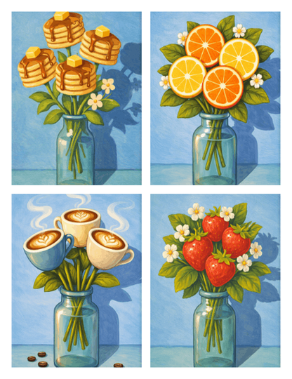 Coffret de 4 peintures par numéro Bouquets Gourmands, les mini-toiles à plat, Maison Artsen